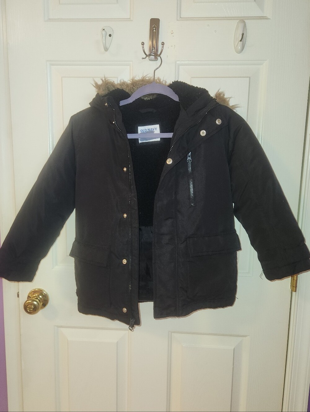 Old Navy Kids Black Hooded Puffer Coat with Faux Fur Trim